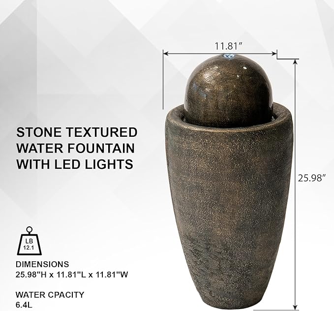 XBrand 25.98" H Round Stone Indoor/Outdoor Modern Stone Textured Sphere Water Fountain w/LED Lights, Bronze - Bloomnest