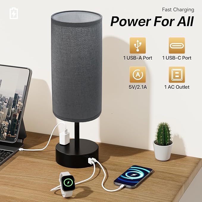 KPQ Small Bedside Lamp Touch Control Table Lamp with USB A+C Charging Ports & AC Outlet 3-Way Dimmable Nightstand Lamp with Linen Fabric Shade for Bedroom Living Room - Bloomnest