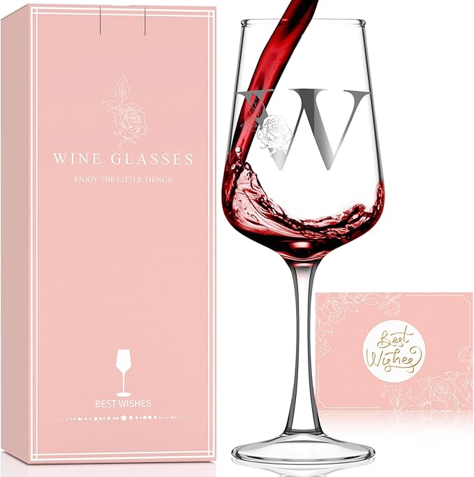 Valentines Day Gifts for Her Women - Personalized Initial Wine Glasses Custom Gift, Galentines Gift Christmas Mothers Day Birthday Gifts for Women Her Mom Wife Best Friend Sister (W) - Bloomnest