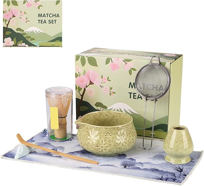Matcha Whisk Set, 7 Pcs Matcha Kit Includes Matcha Bowl, Whisk and Holder, Bamboo Scoop, Scoop Rest, Sifter and Tea Towel, Gift for Matcha Lover (Mottled Green) - Bloomnest