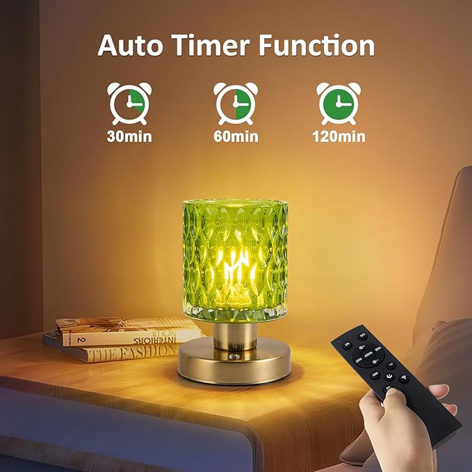 Battery Powered Lamp with Timer, Aesthetic Glass Cordless Lamps, Dimmable Rechargeable Lamp with Remote Control, Small Touch lamp for Nightstand Bedside Bedroom Living Room (Jade Green) - Bloomnest