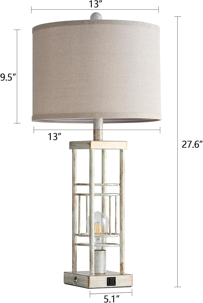 Table Lamp for Living Room Set of 2 with USB C+A & Bulbs, 3-Way Dimmable 27.6" Farmhouse End Lamps, Rustic Bedside Lamp for End Tables, Industrial Nightstand Lamps for Bedroom - Bloomnest