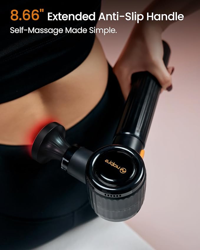NAPRE Massage Gun with Heat,Massage Gun Deep Tissue with Extension Handle & 3 Adjustable Angles,Handheld Percussion Back Massager for Muscle/Neck/Body Pain Relief with Portable Case,Black - Bloomnest
