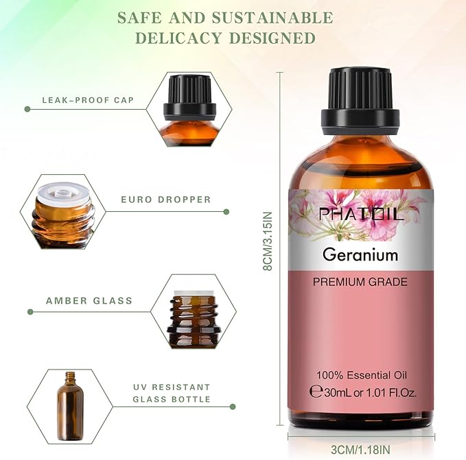 Geranium Essential Oil 1.01fl.oz/30ml, PHATOIL Premium Geranium Oils Long Lasting Scents for Aromatherapy, Diffuser, DIY Soap and Candle Making PHATOIL