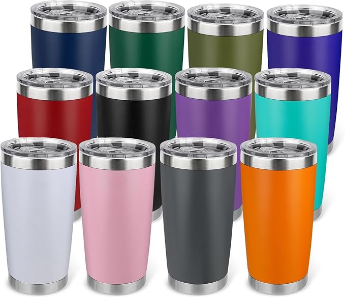 20oz Stainless Steel Tumbler Bulk with Lid, Travel Mug - Double Wall Vacuum Powder Coated Cup - Mix, 12 Pack - Bloomnest