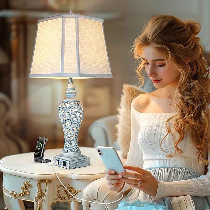 Table Lamp Bedside Lamps Set of 2, 28.5'' Luxsight Farmhouse Table Lamps for Bedroom, Lamps for Nightstands with Night Lights, with USB C+A Ports, Rustic Lamp for Living Room, Bulb Included - Bloomnest