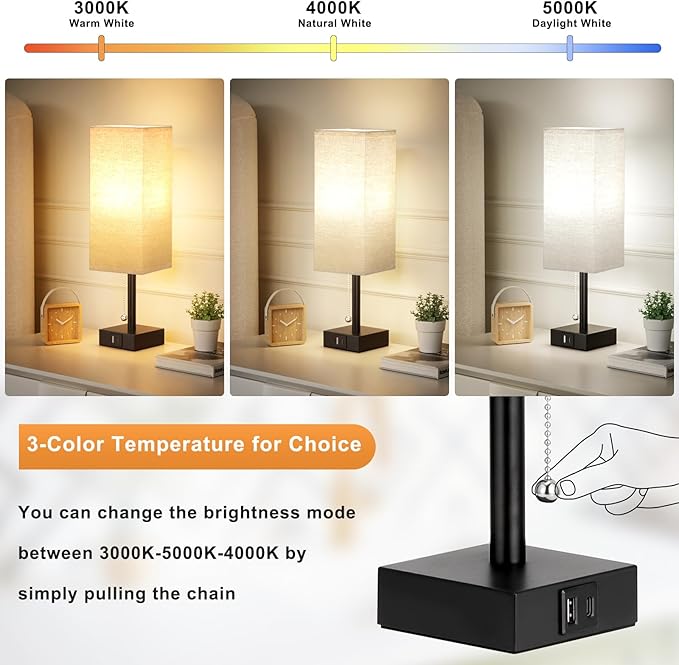Beige Bedside Table Lamps Set of 2 - Square Bedroom Lamps with 3 Color Temperatures (3000K/5000K/4000K), Nightstand Lamps with USB C + A Charging Ports, Pull Chain Small Night Light for End Table - Bloomnest