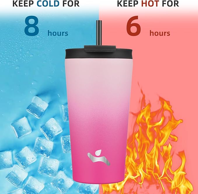 18 OZ Insulated Tumbler with Lid and 2 Straws Stainless Steel Water Bottle Vacuum Travel Mug Coffee Cup,Cherry - Bloomnest
