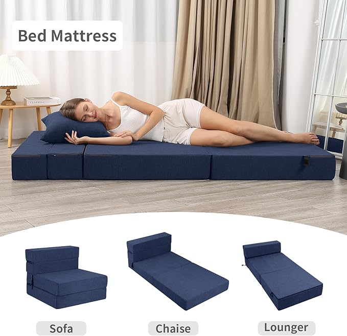 Folding Sofa Bed, High-Density Memory Foam Sofa with a Fluffy Pillow, Floor Couch Guest Bed, Single Size, Navy - Bloomnest