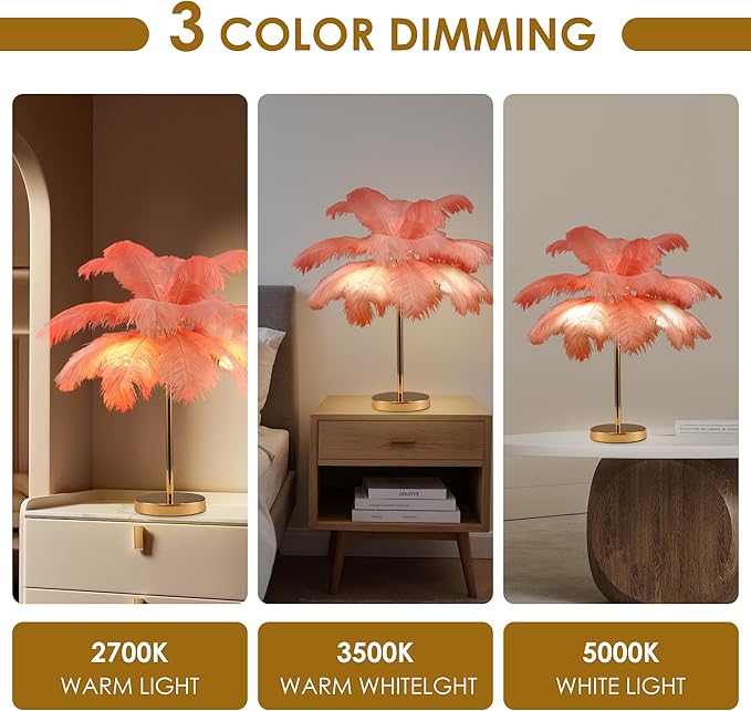 MAYOLA Modern Ostrich Feather Table Lamp with Plug in Wire,3-Light Bedside Floor Lamp for Living Room, Bedroom and Office 24” Tall Feather Desk Lamp (Pink, Table Lamp-Metal) - Bloomnest