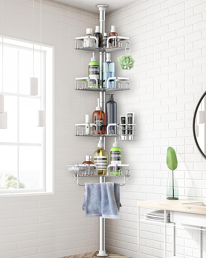 Corner Shower Caddy Tension Pole 4 Tier Adjustable Stainless Steel Shower Shelf for Inside Shower Bathtub Shampoo,Standing Bathroom Organizer Shelves with 39 to 113 inch Height - Bloomnest