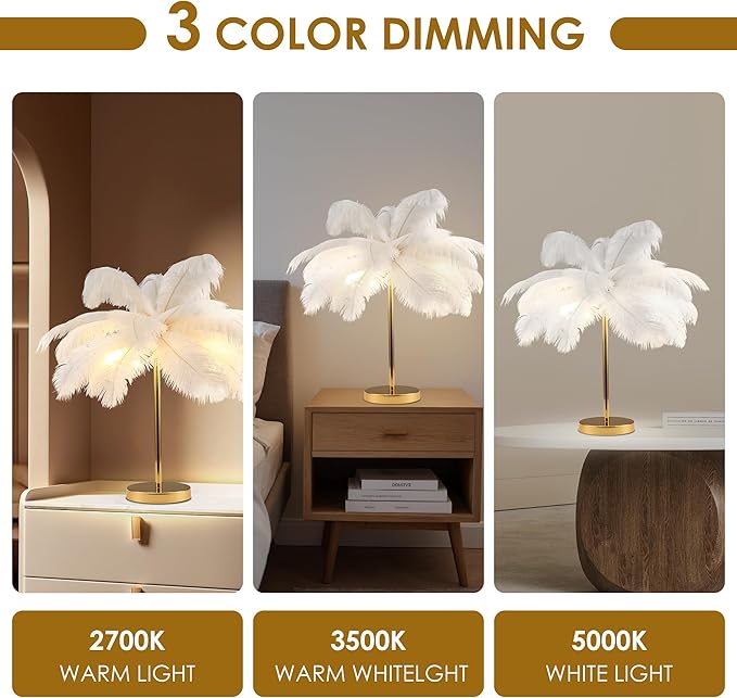 MAYOLA Modern Ostrich Feather Table Lamp with Plug in Wire,3-Light Bedside Floor Lamp for Living Room, Bedroom and Office 24” Tall Feather Desk Lamp (White, Table Lamp-Metal) - Bloomnest