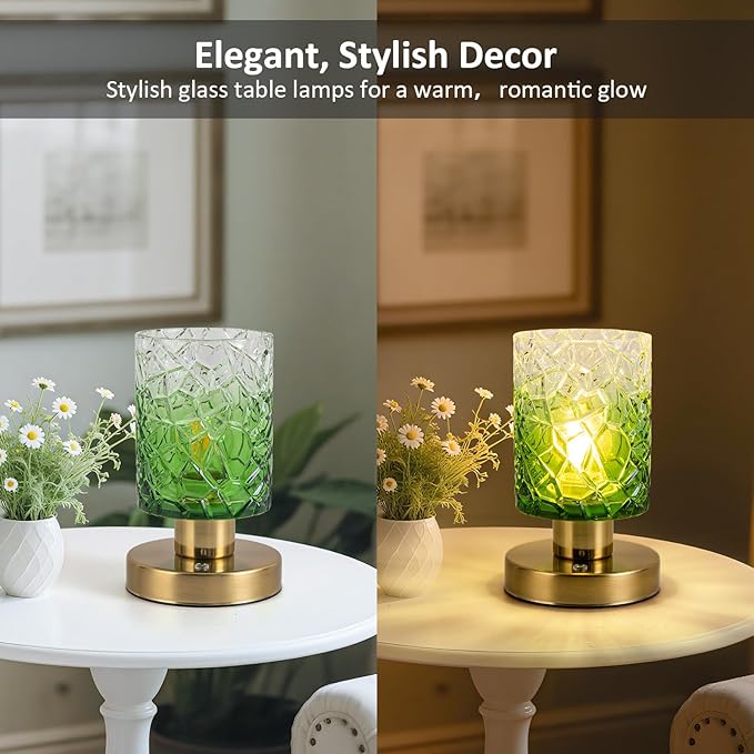 Battery Powered Lamp with Timer, Aesthetic Glass Cordless Lamps, Dimmable Rechargeable Lamp with Remote Control, Small Touch lamp for Nightstand Bedside Bedroom Living Room(Gradient Green) - Bloomnest