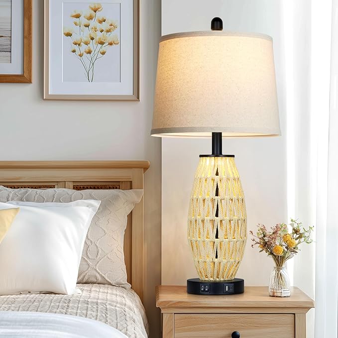 27“ Beige Boho Rattan Table Lamps with Night Light, Natural Bedroom Lamps Set of 2 with USB A+C Charging Ports, Rustic Farmhouse Woven Wicker Bedside Nightstand Lamp for Living Room End Tab - Bloomnest