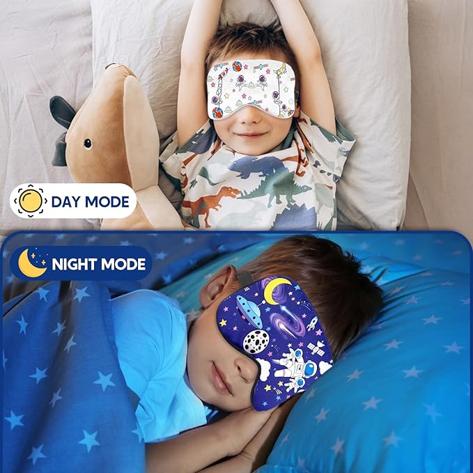 2 Pcs Sleep Mask for Kids Boys, Silk Eye Covers for Sleeping, Adjustable Strap & Light Blocking Design, Children's Bedtime Blindfold for Travel and Home Use (Astronaut) - Bloomnest