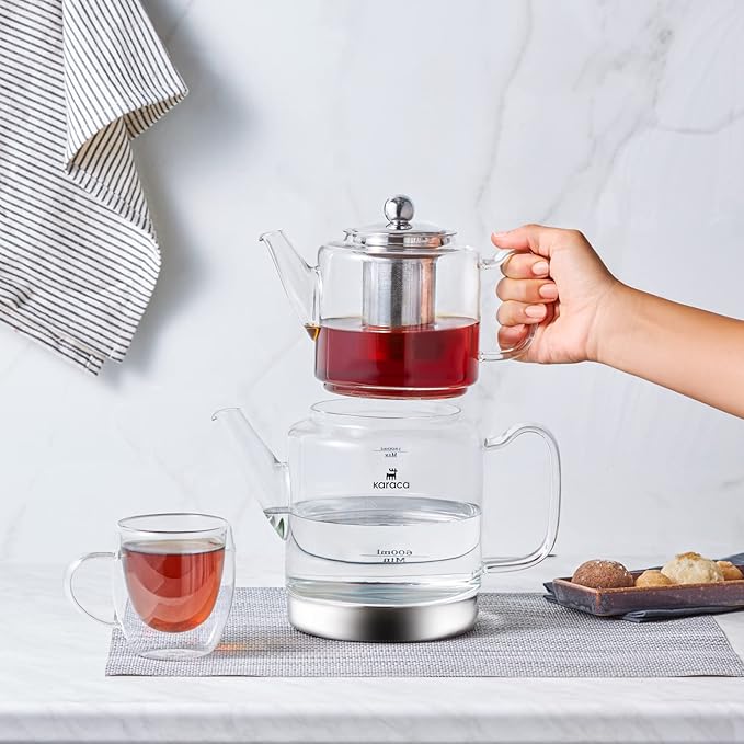Karaca Dora Teapot Set, Glass, Tea Pot 1 L/33 oz, Kettle 2 L/66 oz Silver, Transparent, Tea Maker, Kettle, Turkish Tea Kettle, Tea Maker, XLarge, Suitable for Induction - Bloomnest