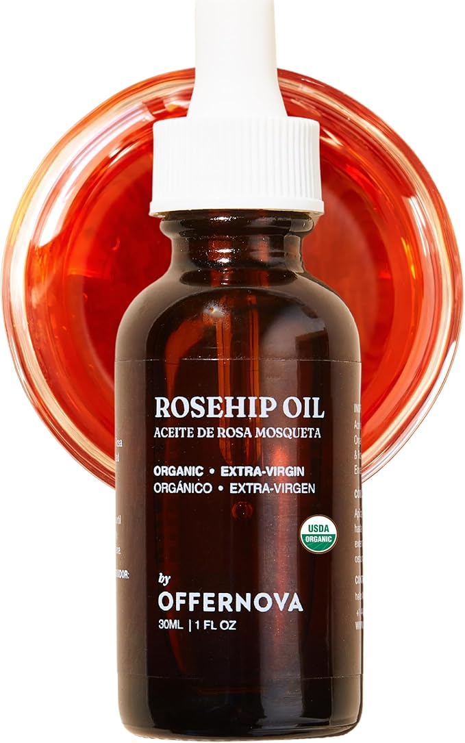 Offernova Organic Rosa de Mosqueta Oil- USDA Certified Rosehip Seed Oil Pure Cold Pressed, Repairs & Brightens Skin - Gua Sha Massage, Face, for All Skin Types - Aceite Facial 1OZ - Bloomnest