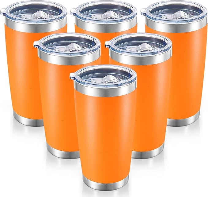 20 oz Tumblers Bulk Stainless Steel Tumbler with Lid Double Wall Vacuum Insulated Coffee Mug 20oz Powder Coated Cup for Hot and Cold Drinks, Orange, 6 pack - Bloomnest