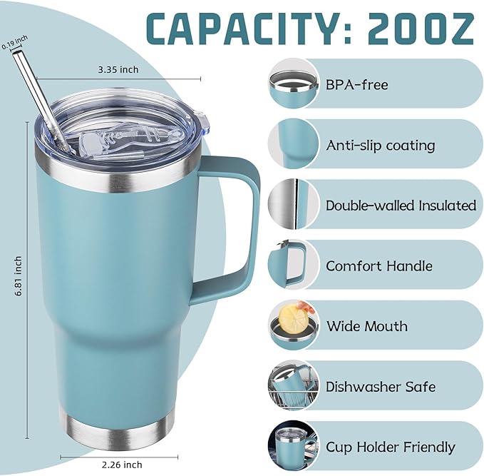 20 oz Tumbler with Handle Stainless Steel Insulated Coffee Mug Tumbler with Lid and Straw Double Wall Vacuum Insulated Coffee Mug Leak Proof Travel Tumbler for Hot and Cold Drink (Azure Blue,1pack) - Bloomnest