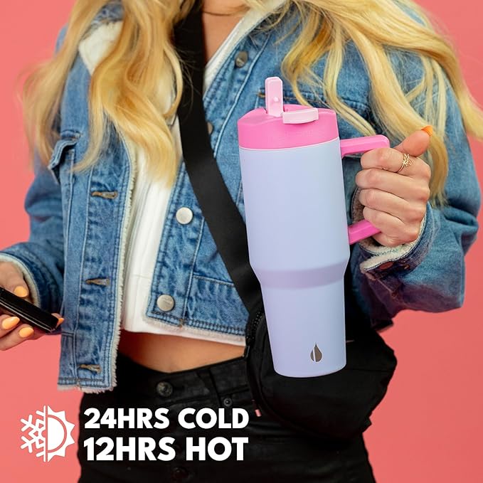 Elemental 32 oz 100% Leak Proof Tumbler with Handle & Straw - Stainless Steel Double Wall Insulated Tumbler for Hot and Cold Beverages - Travel Coffee Mug with Sip & Straw Lid - Lilac Tie Dye - Bloomnest