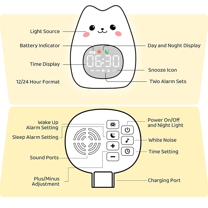 Cat Alarm Clock with Night Light for Kids with Sleep Training and Sound Machine, Rechargeable Silicone Lamp OK to Wake Clock，Cute Animal Tabletop Lamp, Perfect Sleep Companion for Boys Girls - Bloomnest