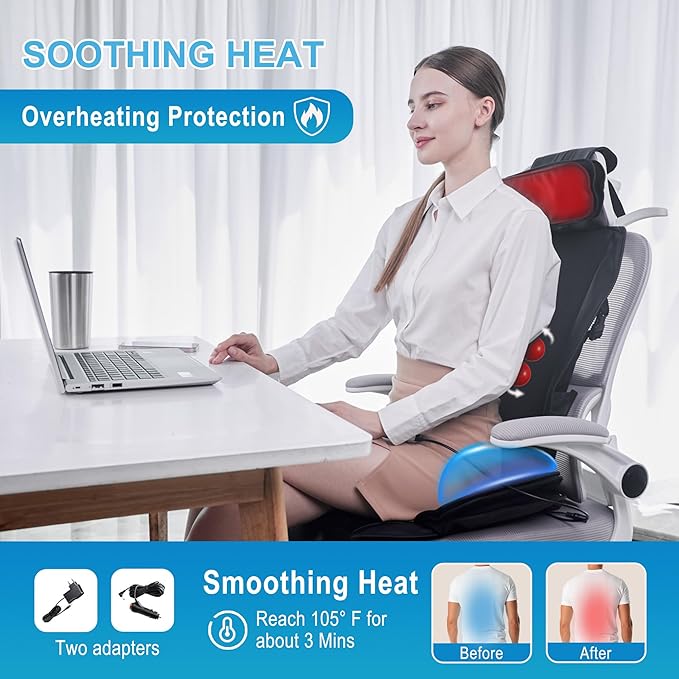 Shiatsu Massage Cushion with Heat,Kneading Massager with Vibration,Seat Massager for Office - Bloomnest