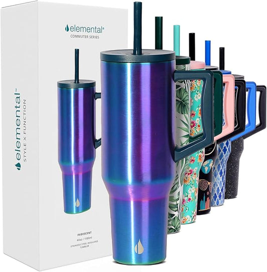 Elemental 40 oz Tumbler with Handle and Straw - Spill Proof Insulated Stainless Steel Commuter for Hot and Cold Beverages - Travel Coffee Mug with 2 Straws & Spill Proof Lid - 40oz - Iridescent - Bloomnest