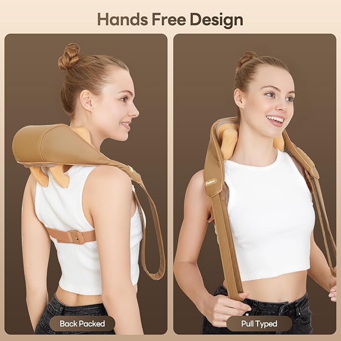 Neck Massager for Pain Relief Deep Tissue with Heat -Cordless Shiatsu 6D Kneading Massage for Neck,Shoulder,Gifts for Mom/Dad（PU-Yellow Brown）