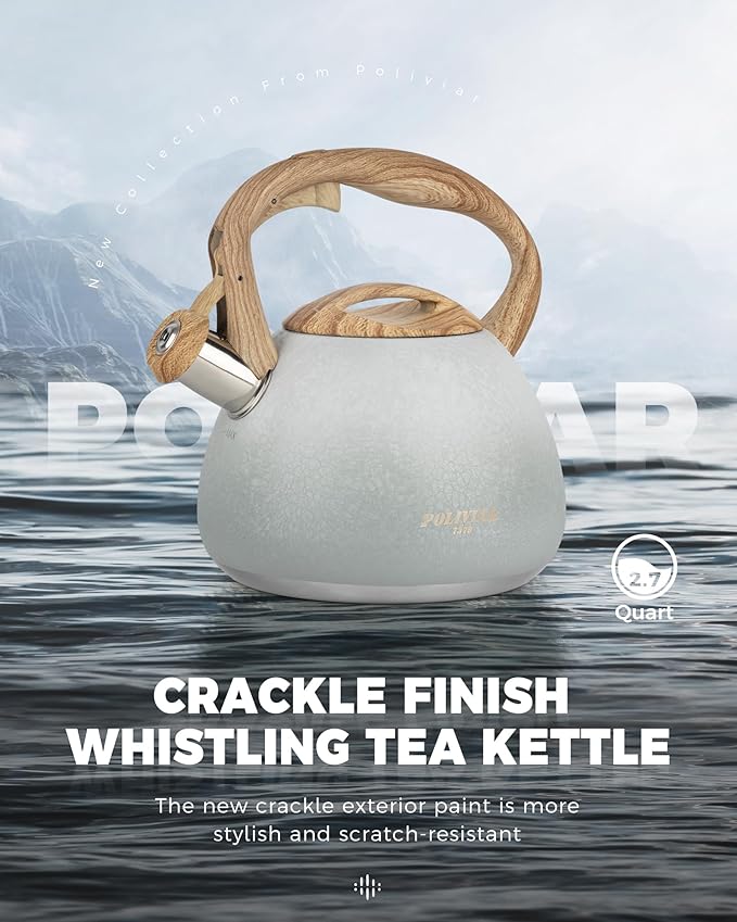 POLIVIAR Tea Kettle, 2.7 Quart Stovetop Tea Kettle, Audible Whistling Teapot with Crackle Finish, Food Grade Stainless Steel for Anti-Rust, Anti Hot Handle, Suitable for All Heat Sources (JX2023-LYW) - Bloomnest