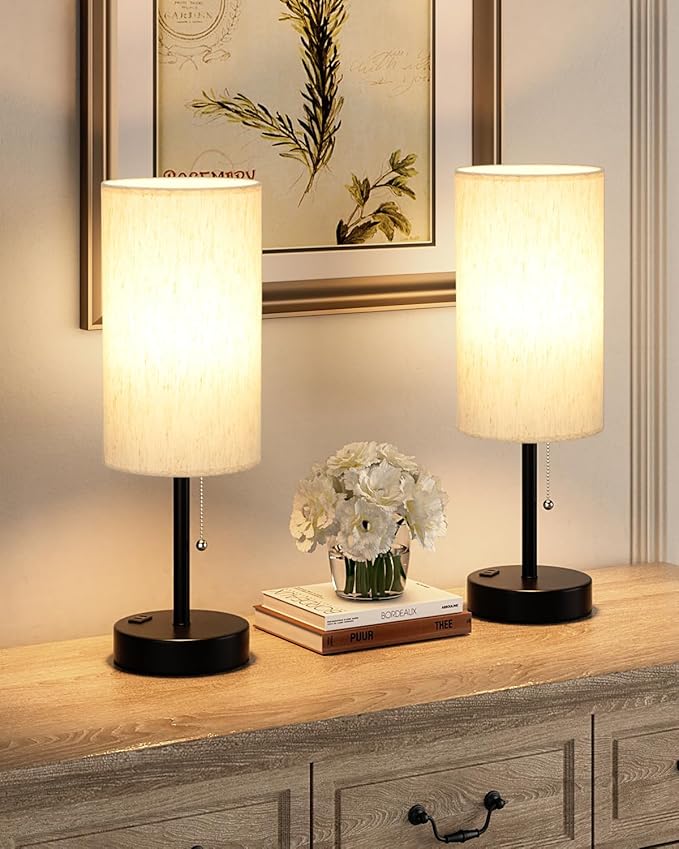 Fenmzee Plus Bedside Table Lamps Set of 2-3 Color Temperatures Pull Chain Lamp with AC Outlet Charging Port, Round Night Stand Lamps for Bedroom Guest Room Office, Bed Side Light with E26 LED Bulbs - Bloomnest