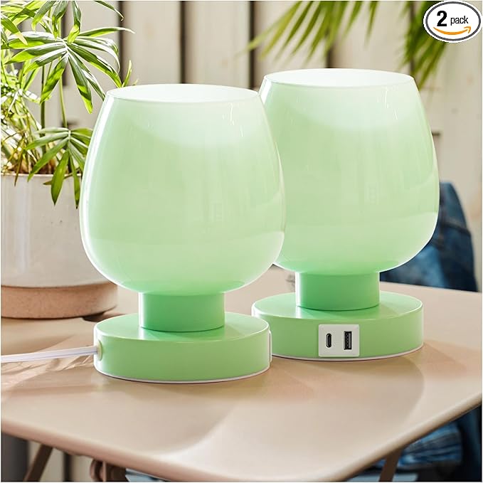 ONEWISH Touch Bedside Table Lamp with USB Charging - 3 Way Dimmable Small Glass Lamp for Bedroom, 2700K LED Bulb Included, Green, 2 Packs - Bloomnest