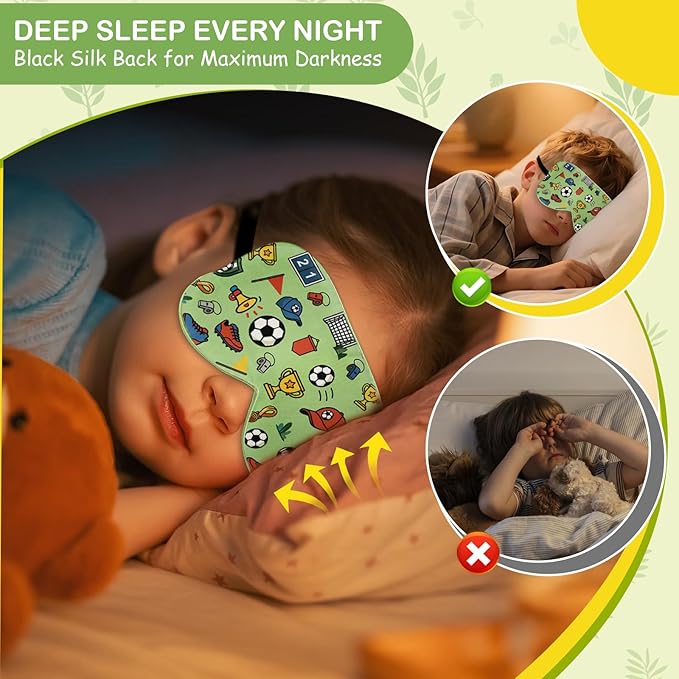 Kids Silk Sleep Mask: 100% Mulberry Silk Eye Mask with Adjustable Strap, Cute Sleeping Blindfold for Boys Girls Teens, Soft & Lightweight Eye Shade for Travel, Nap, Bedtime (Soccer Cute Print) - Bloomnest
