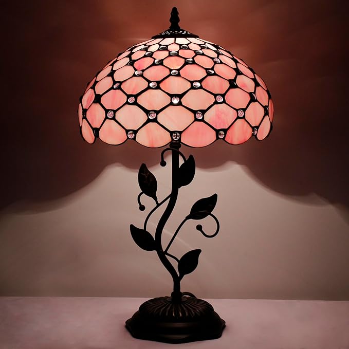 Tiffany Lamp Table Lamp Stained Glass Desk Lamps 12X12X19 Inches Reading Light Decor Bedroom Living Room (Pink Bead Style) - Bloomnest