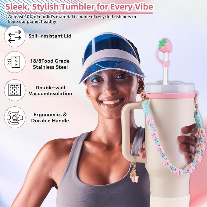 40 oz Tumbler Insulated Mug w/Straw & Flip Cap Lids - Cup Holder Bottle with 6 Accessories Set for Hot, Cold Drink - Leak-Proof - Water, Coffee Portable Travel Mug (Pink Gold) - Bloomnest