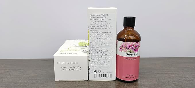 Geranium 3.38fl.oz Essential Oil, PHATOIL Aromatherapy Essential Oils for Diffuser, Humidifier, Perfect for DIY Soap, Candle, Bath Bombs Making(100ml) PHATOIL