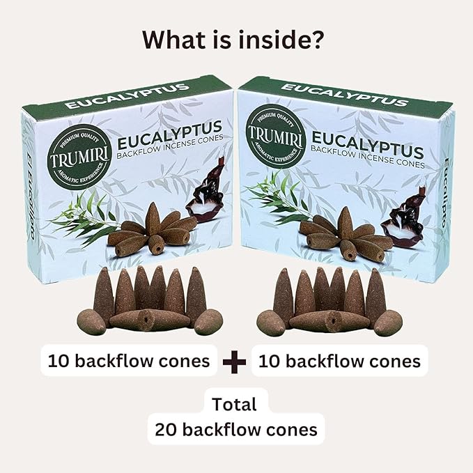 TRUMIRI Eucalyptus Backflow Incense Cones - 20 Cones, 2 Packs of 10, Waterfall Incense Cones