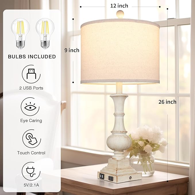 26" Farmhouse Table Lamps, Table Lamps For Living Room Set of 2 with USB A+C Ports & AC Outlet, Vintage Rustic Touch Control 3-Way Dimmable Boho Nightstand Lamp White Washed Resin for Bedroom Deocr - Bloomnest