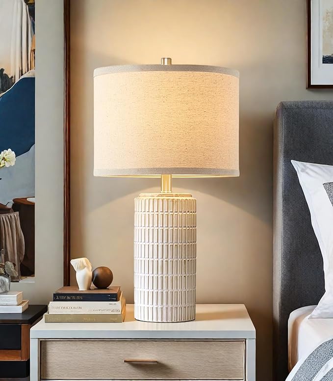 23'' Set of 2 Modern Ceramic Table Lamps for Living Room Bedroom, Nightstand Farmhouse Beige White Desk Lamp for Bedside End Table Entryway, 2 LED Bulbs Included - Bloomnest