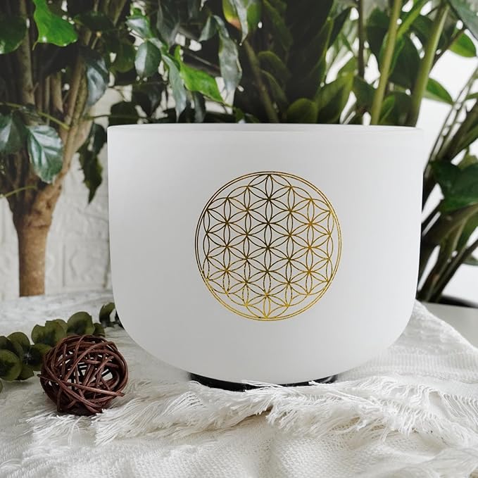Hye-eun 528HZ 8 Inch C Note Flower of Life Crystal Singing Bowl Sound Healing Meditation Crystal Bowl Sound Bath Bowl Sound Bath Singing Bowl (Gold without bag)