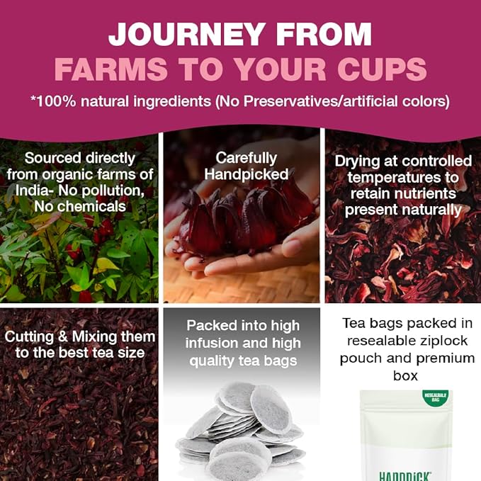 HANDPICK, Organic Hibiscus Tea Bags (100 Tea Bags) | Caffeine-Free, 100% Natural Pure Indian Hibiscus Flowers | Ayurvedic Benefits in every sip - Bloomnest