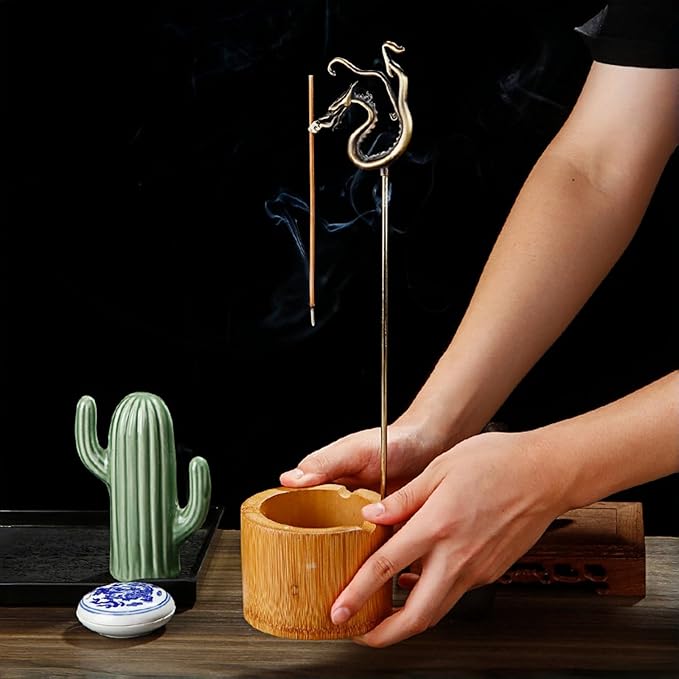 Incense Holder for Sticks with Ash Catcher - Dragon Design Smoke Waterfall, Spill-Proof Bamboo Base & Zinc Alloy Clip for 1-5mm Sticks, Yoga Meditation Zen Altar (13 Inch) - Bloomnest