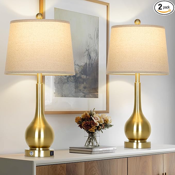 26" Gold Table Lamps Set of 2 for Living Room, Touch Control Bedroom Lamps for Nightstand, 3-Way Dimmable Bedside Lamp with USB A+C Port (2 LED Bulbs Included) - Bloomnest