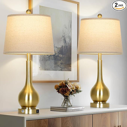 26" Gold Table Lamps Set of 2 for Living Room, Touch Control Bedroom Lamps for Nightstand, 3-Way Dimmable Bedside Lamp with USB A+C Port (2 LED Bulbs Included) - Bloomnest