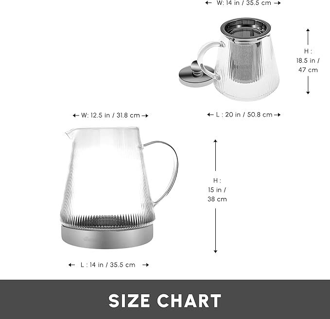 Karaca Keops XL Borosilicate Glass Teapot with Infuser and Lid for Stovetop, Transparent Silver, 1L Tea Pot & 2L Tea Kettle Set for Loose Leaf & Herbal, Dishwasher Safe - Bloomnest