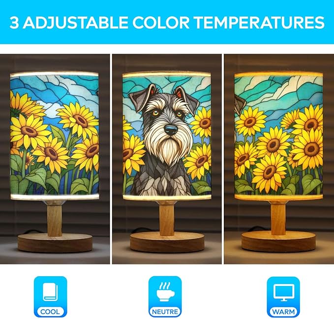 Miniature Schnauzer Table Lamp LED 3-Color Pressed Bedside, Dog Shade Lamp with Wood Base for Bedroom Living Room Desk Office - Bloomnest
