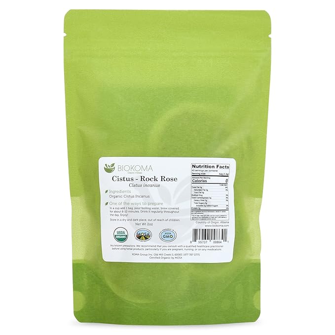 Biokoma Pure and Organic Cistus - Rock Rose (Cistus incanus) Dried Leaves Tea 40 Bags In Resealable Moisture Proof Pouch,USDA Certified Organic-Herbal Tea, No Additives,No Preservatives,No GMO, Kosher - Bloomnest