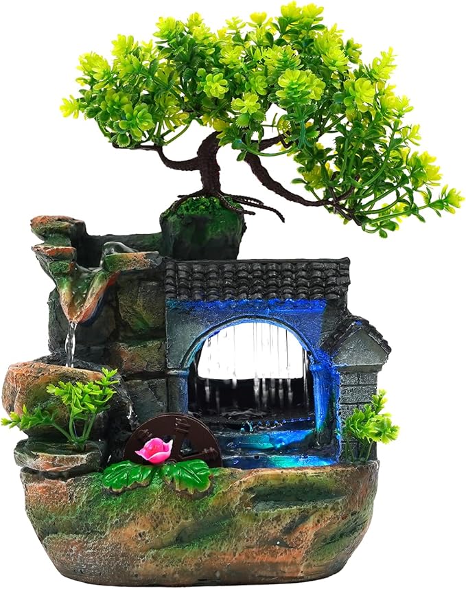 Tabletop Waterfall Fountain – 11 in Rockery Humidifier with Color-Changing LED Light, Adjustable Pump & Faux Bonsai Tree, Resin Indoor Desk Fountain Décor for Bedroom, Office, Aquarium, Meditation