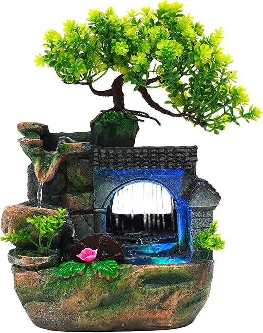 Tabletop Waterfall Fountain – 11 in Rockery Humidifier with Color-Changing LED Light, Adjustable Pump & Faux Bonsai Tree, Resin Indoor Desk Fountain Décor for Bedroom, Office, Aquarium, Meditation