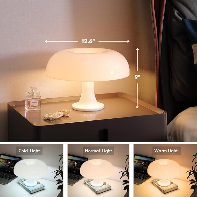 White Mushroom Lamp, Dimmable Mushroom Table Lamp with 3 Lighting Modes, 70s Retro Lamp Mid Century Modern Light Mushroom Shaped Donut Lamp for Bedroom, Cool Home Decor Aesthetic Light - Bloomnest