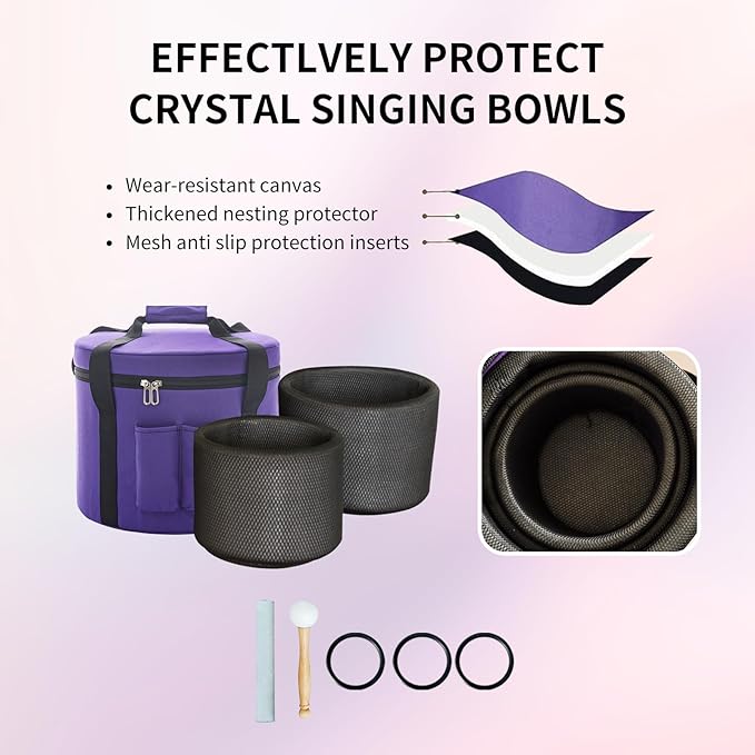 Hye-eun 432HZ Crystal Singing Bowls Set，7-11 Inch 3pcs Frosted Pink Quartz Chakra Bowl for Meditation Sound Healing with Travel Carry Case Bag Yoga Meditation Healing Sound Therapy (7"A 9"E 11"D) - Bloomnest